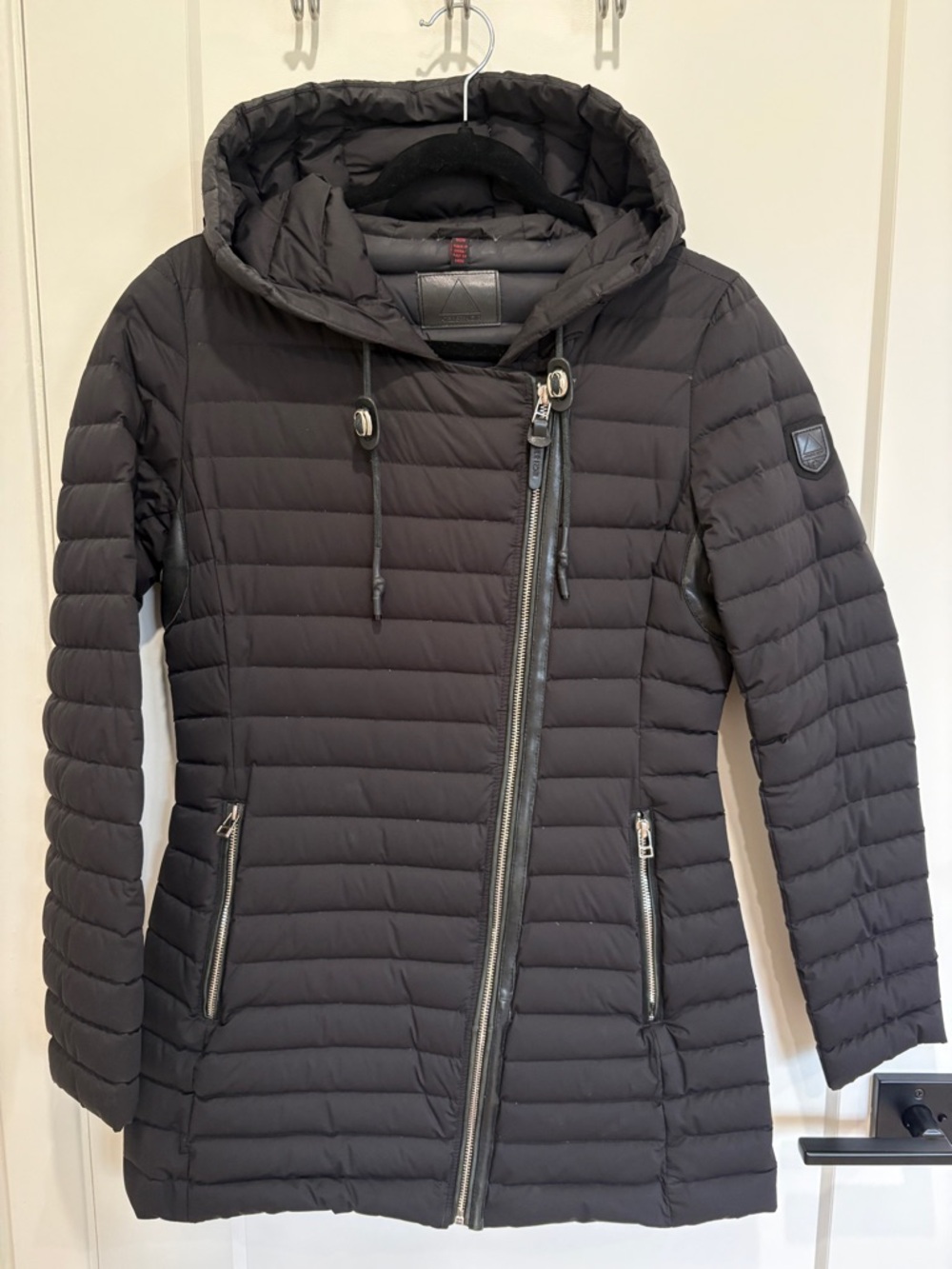Women's Asymmetric Zip Black Quilted Hooded Puffer